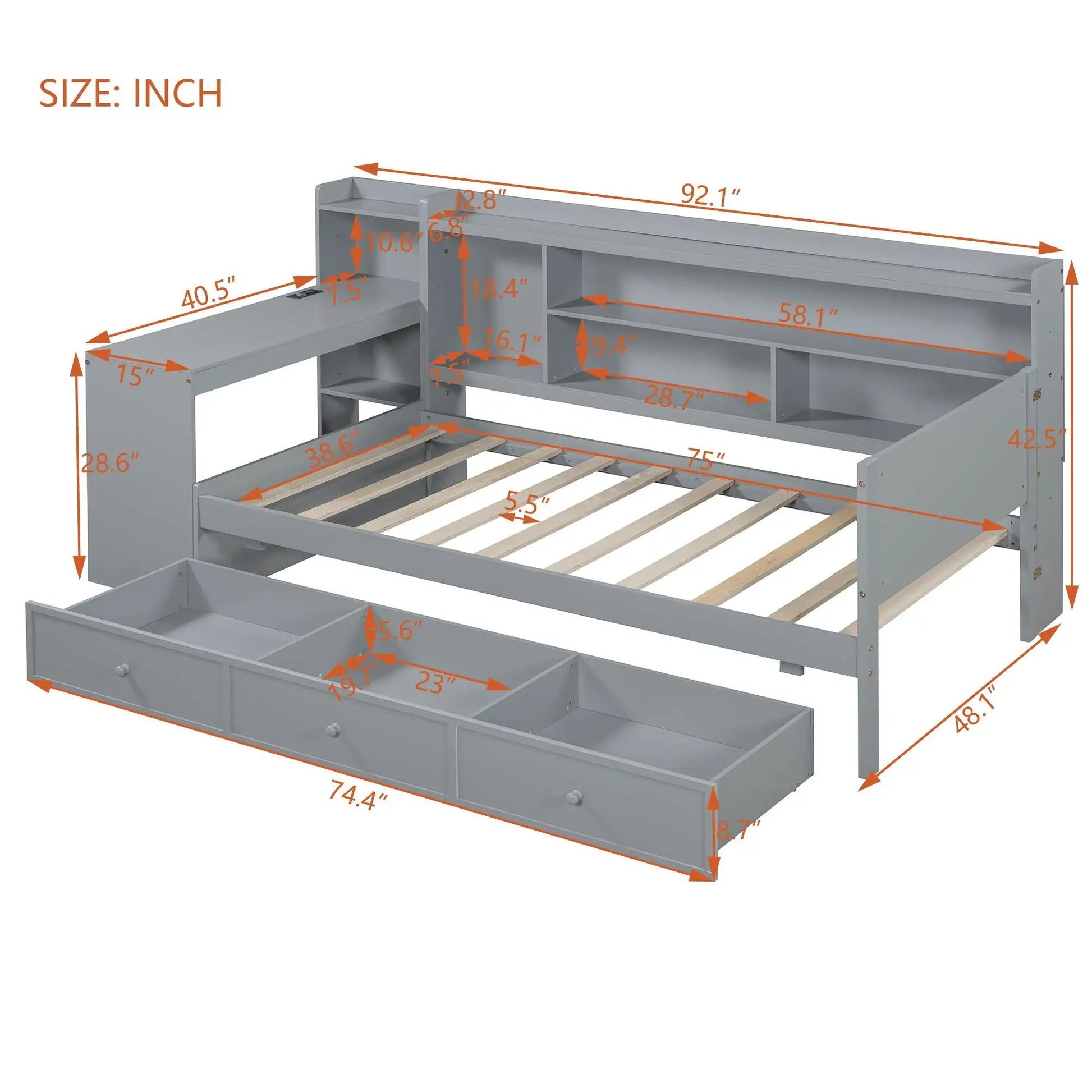 Daybed with 3 drawers USB ports and desk, gray storage bed by Unique Piece Furniture on Tampa Home & Garden Store