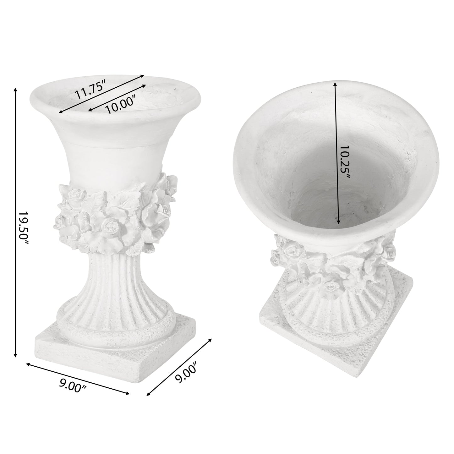 MGO Garden Urn Planter, white floral-relief urns, set of two by HouseOfZazla on Tampa Home & Garden Store