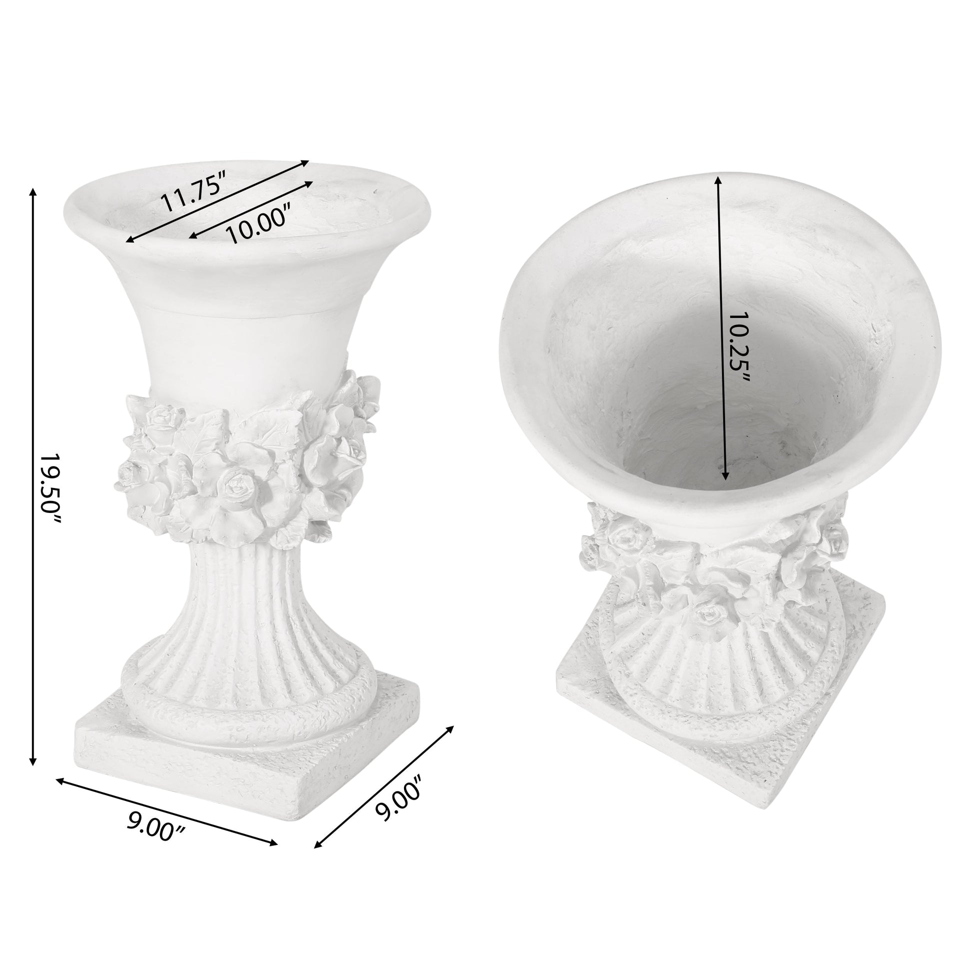 MGO Garden Urn Planter, white floral-relief urns, set of two by HouseOfZazla on Tampa Home & Garden Store