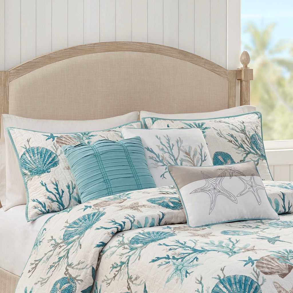 Aqua Cotton Sateen Quilt Set with Throw Pillows by HouseOfZazla teal seashell print aqua accents on Tampa Home & Garden Store