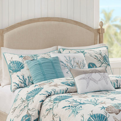 Aqua Cotton Sateen Quilt Set with Throw Pillows by HouseOfZazla teal seashell print aqua accents on Tampa Home & Garden Store