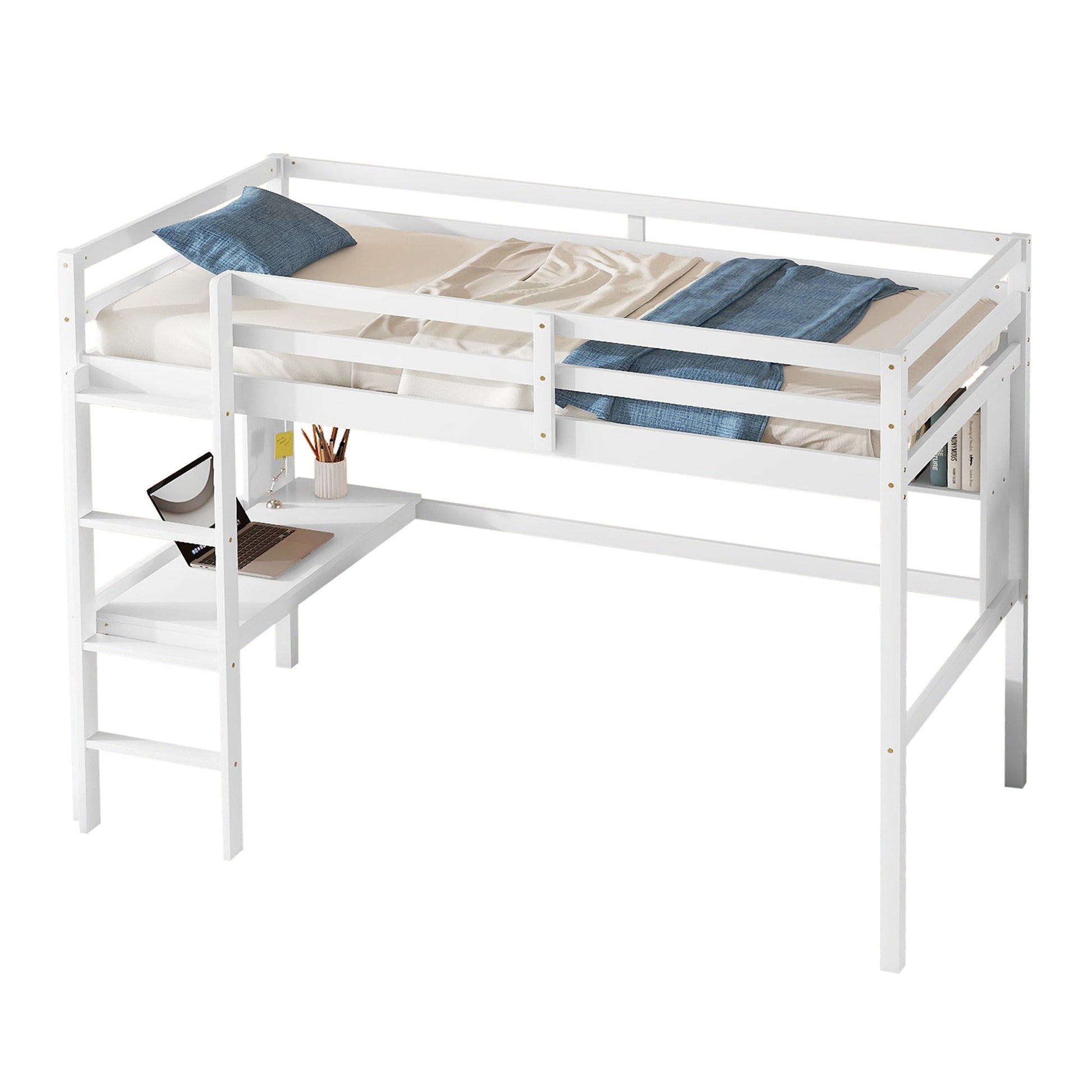 Twin Loft Bed with built-in desk and bookcase of three compartments, Guardrails and Ladder,White - Tampa Home & Garden Store