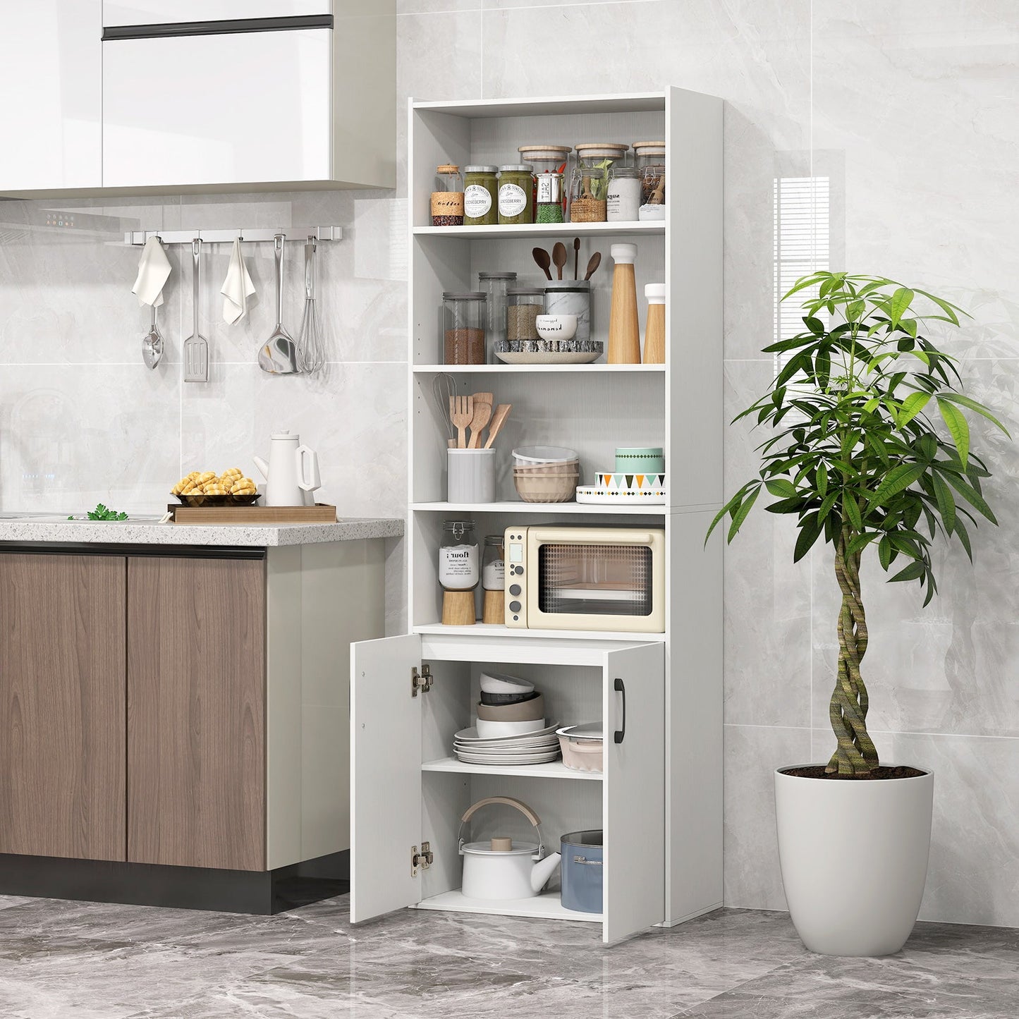 Librería de 70 pulgadas de 6 niveles con estantes ajustables y gabinete de 2 puertas - Blanco
