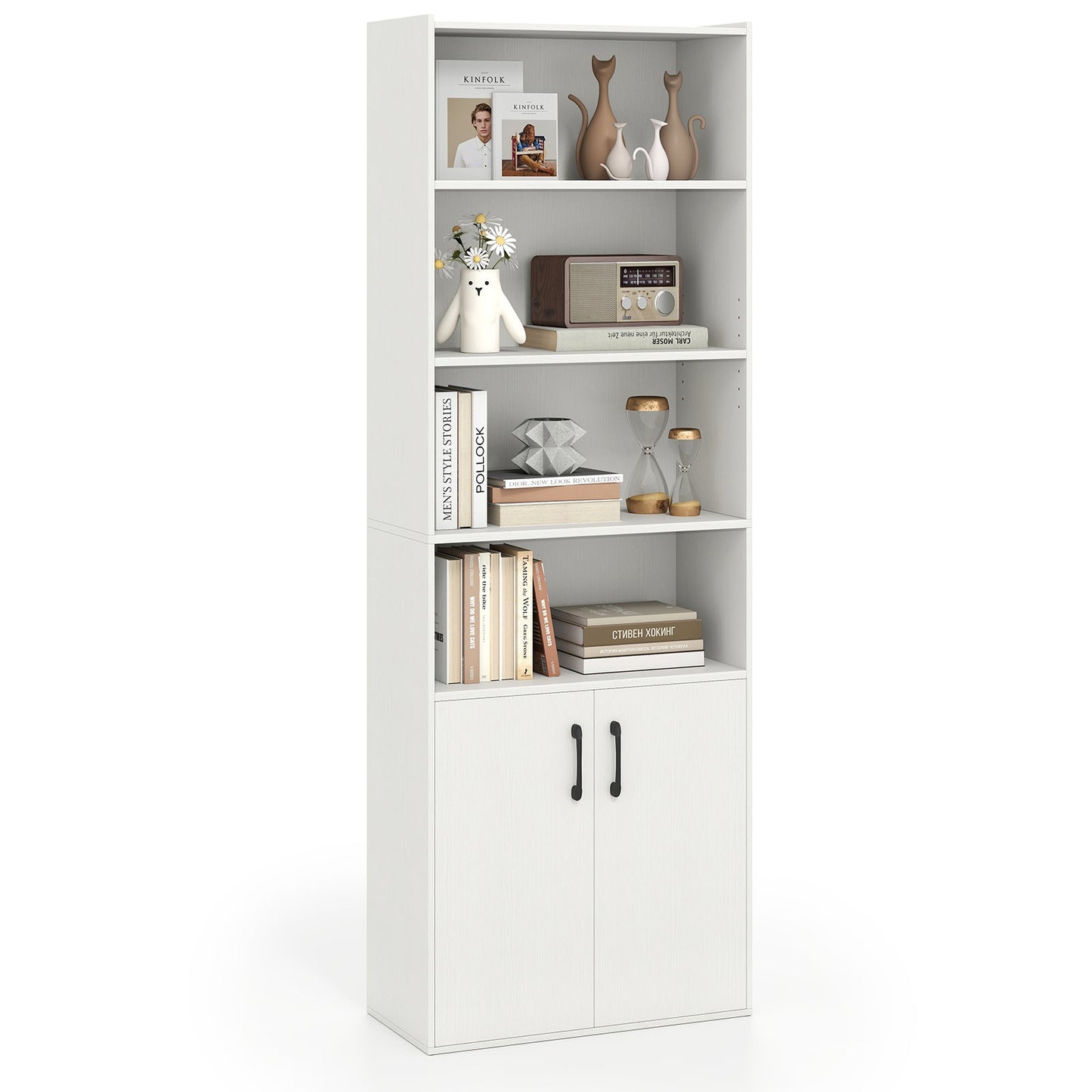 Librería de 70 pulgadas de 6 niveles con estantes ajustables y gabinete de 2 puertas - Blanco