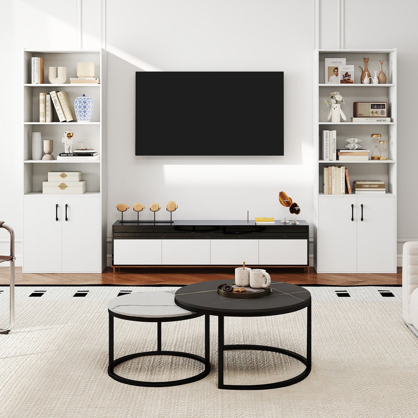Librería de 70 pulgadas de 6 niveles con estantes ajustables y gabinete de 2 puertas - Blanco
