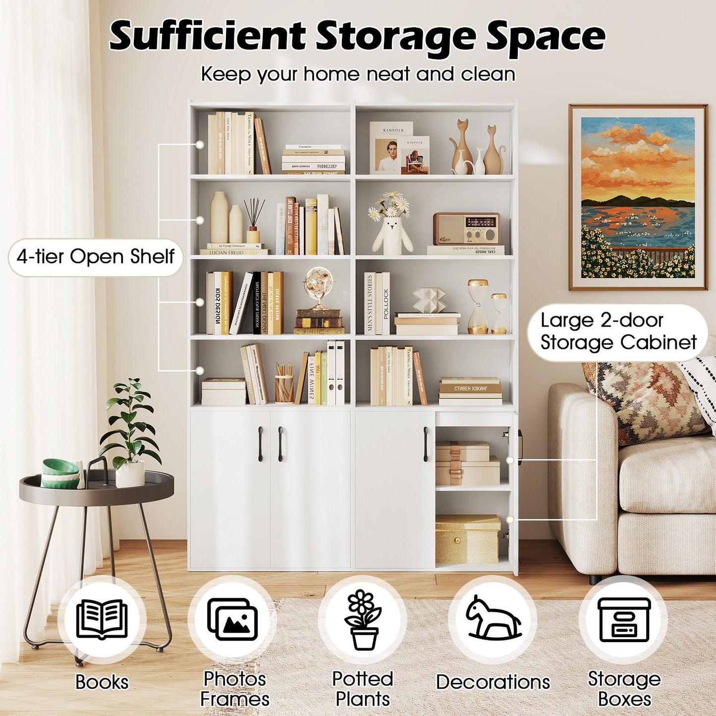 Librería de 70 pulgadas de 6 niveles con estantes ajustables y gabinete de 2 puertas - Blanco