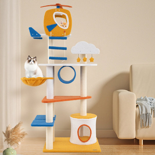 70 Inch Tall Aviation-themed Cat Tree with Helicopter Top Perch and Platforms-Yellow - Tampa Home & Garden Store