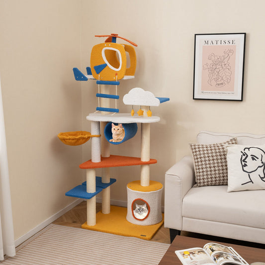 70 Inch Tall Aviation-themed Cat Tree with Helicopter Top Perch and Platforms-Yellow - Tampa Home & Garden Store
