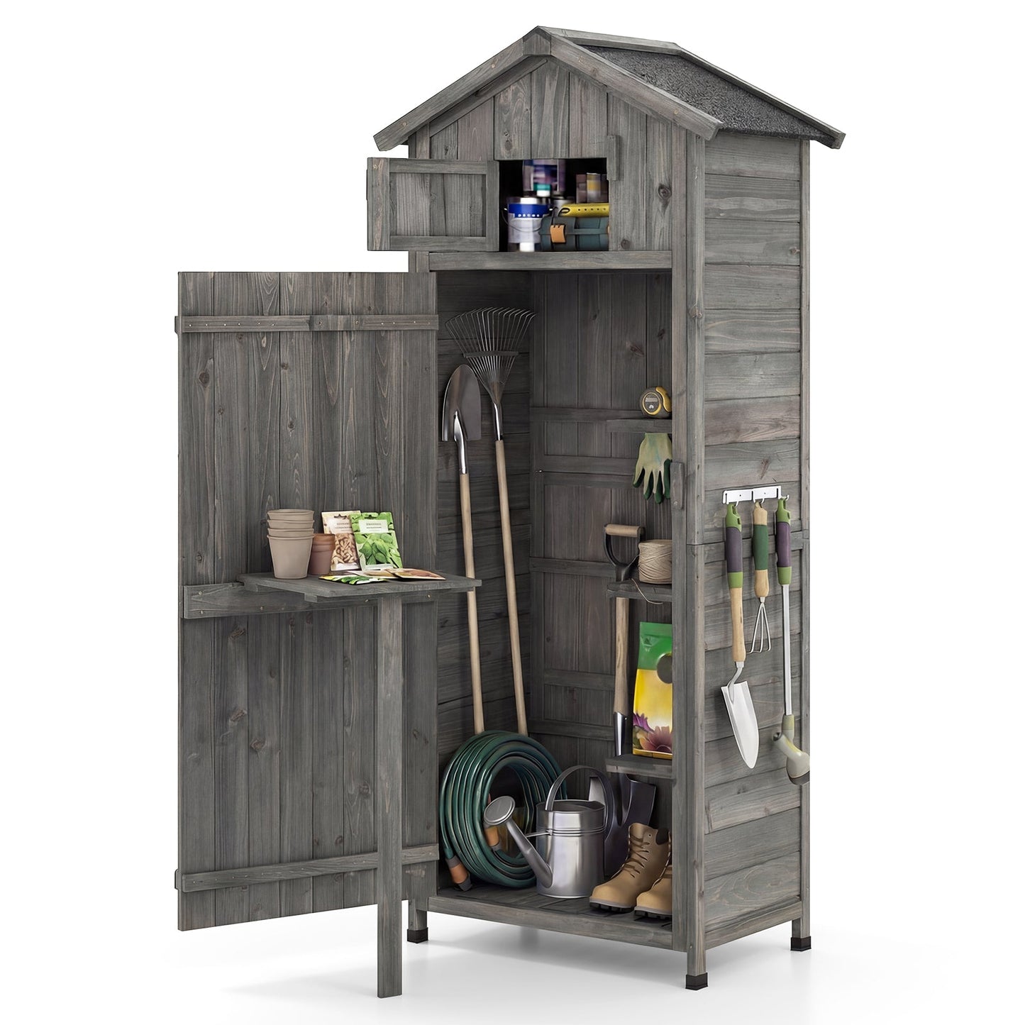 70 Inch Tall Garden Tool Storage Cabinet with Lockable Doors and Foldable Table