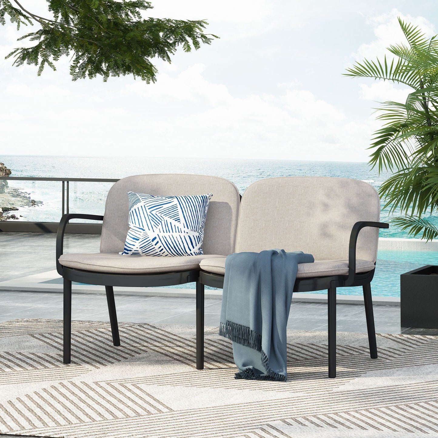 Luna Outdoor Patio Loveseat beige cushions with metal frame by HouseOfZazla blue pillow on Tampa Home & Garden Store