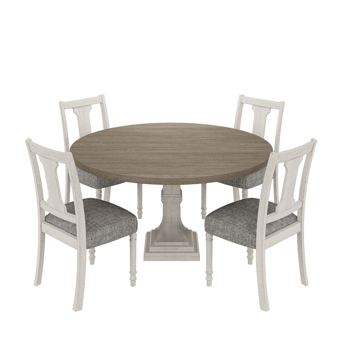 Round dining table set with pedestal base in gray wood, whitewashed chairs with cushions on Tampa Home & Garden Store