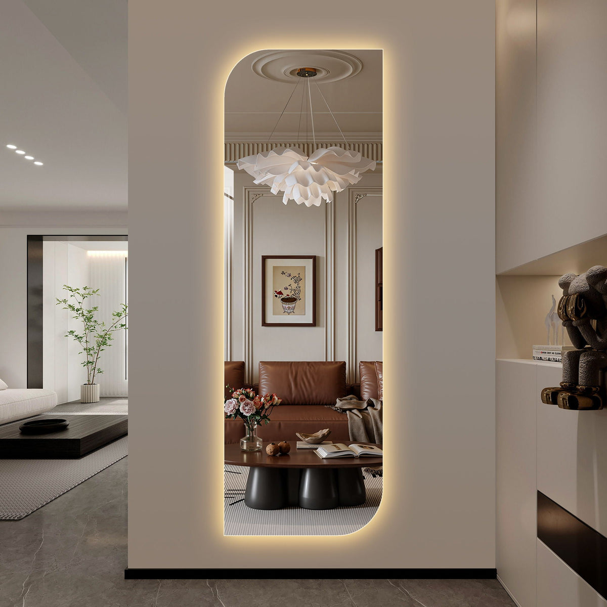 Irregular shape LED full-length wall mirror silver finish with 3-color dimmable lighting on Tampa Home & Garden Store