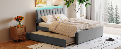 Upholstered platform bed in gray fabric with tufted headboard and pull-out trundle HouseOfZazla on Tampa Home & Garden Store