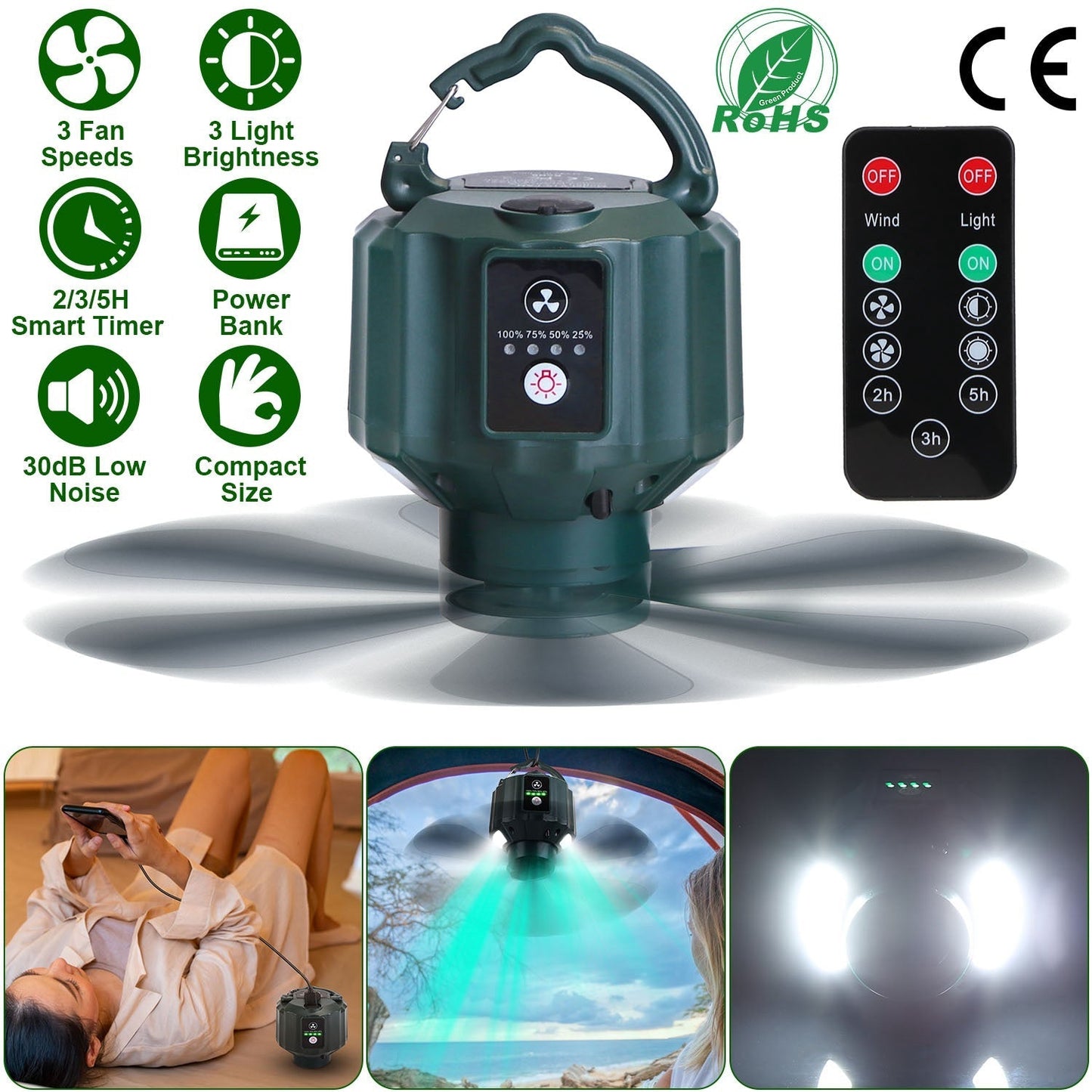 GemGear portable camping ceiling LED fan with 5200mAh USB battery and 3 speeds remote on Tampa Home & Garden Store
