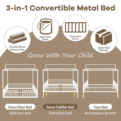 3-in-1 Convertible Metal Montessori Floor Bed with Fenced Support by HouseOfZazla in brown on Tampa Home & Garden Store