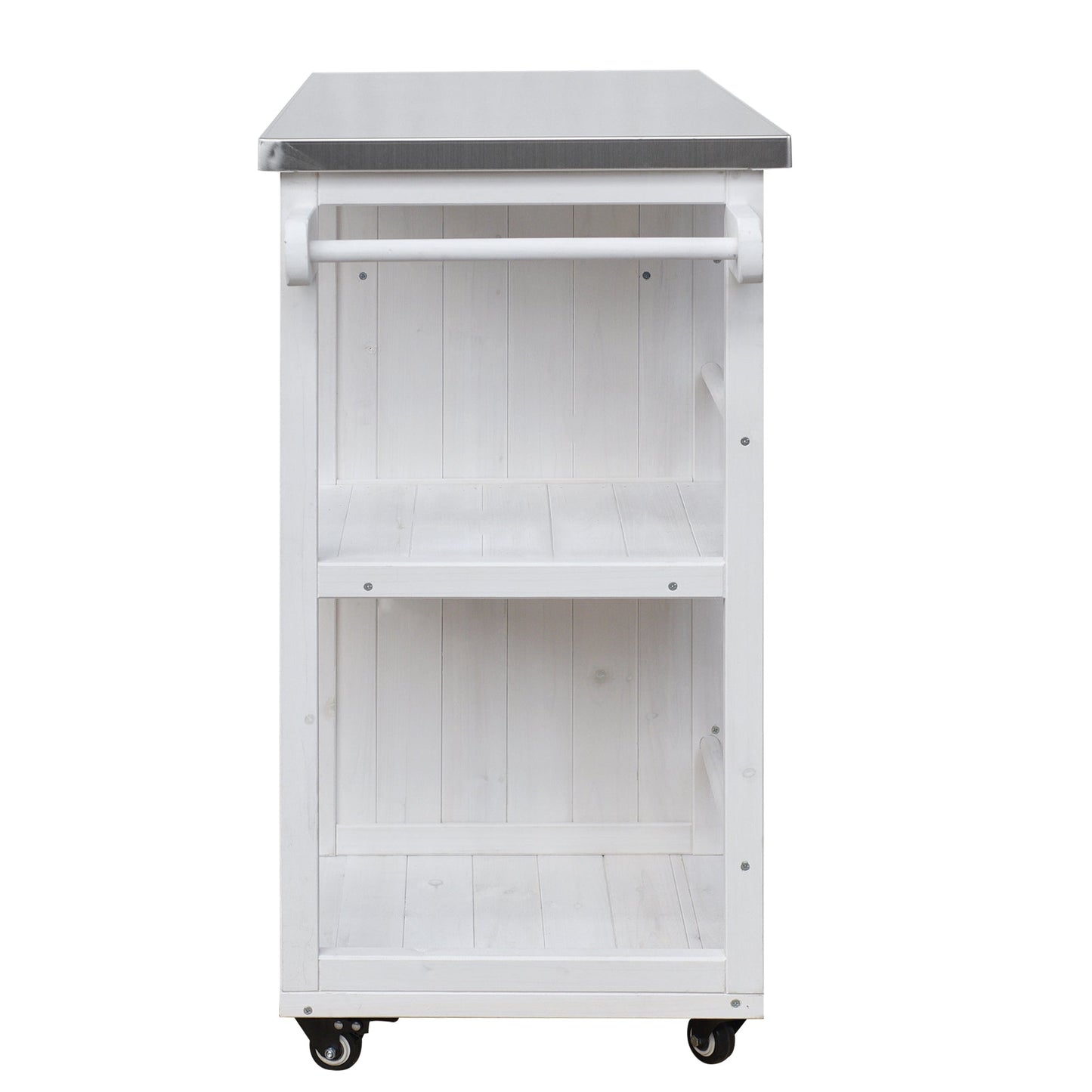 Outdoor Kitchen Island fir wood prep station with stainless steel top and white slat cabinet on Tampa Home & Garden Store