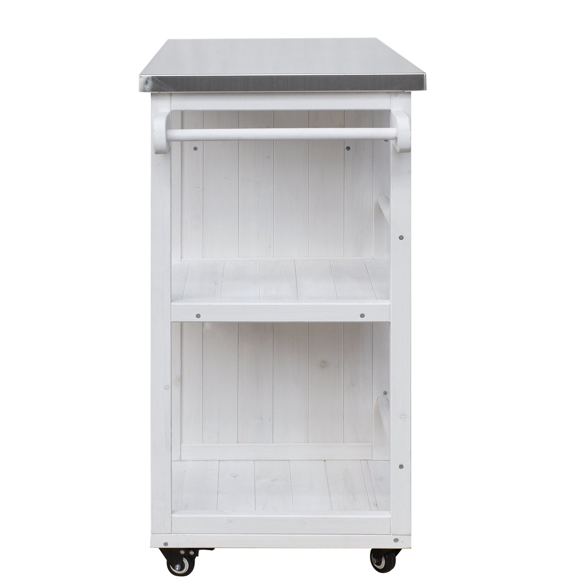 Outdoor Kitchen Island fir wood prep station with stainless steel top and white slat cabinet on Tampa Home & Garden Store