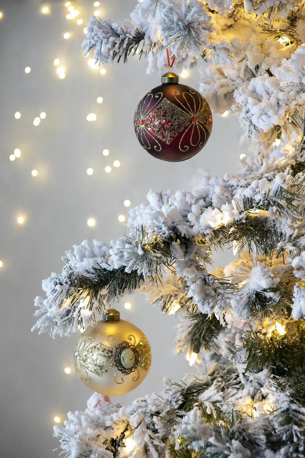 Decorative hanging ball Xmas ornaments set of 6 burgundy and gold glitter on pine branches on Tampa Home & Garden Store