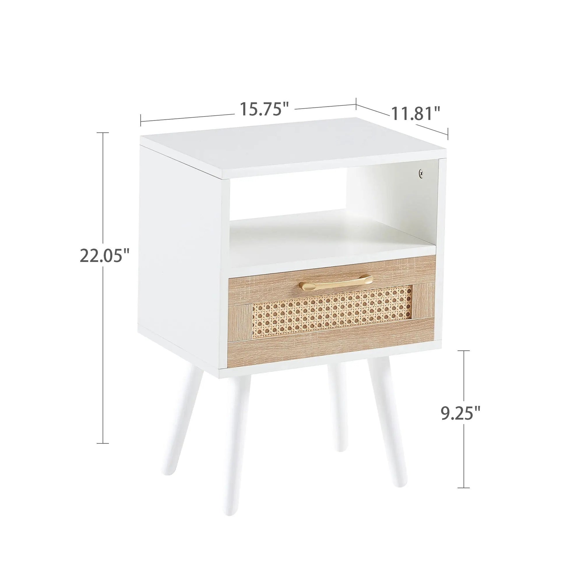 15.75-inch rattan end table with drawer and solid wood legs, white finish, cane panel on Tampa Home & Garden Store
