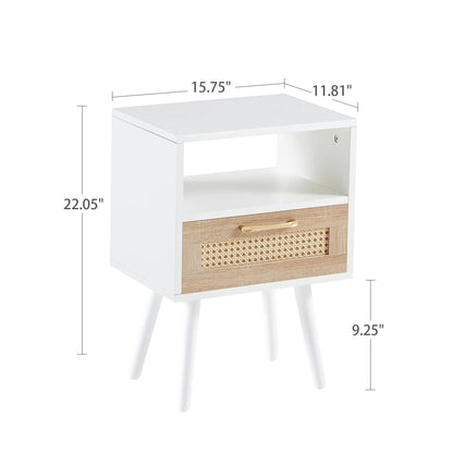 15.75-inch rattan end table with drawer and solid wood legs, white finish, cane panel on Tampa Home & Garden Store