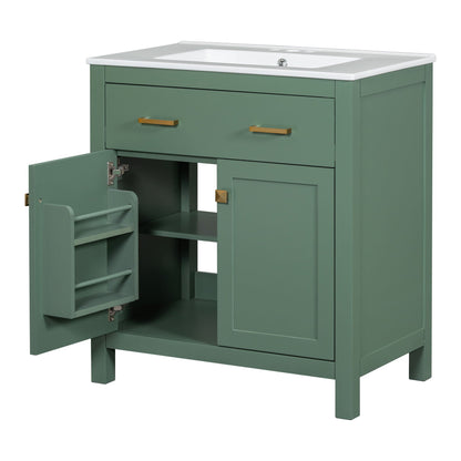 Modern bathroom vanity with ceramic sink in sage green, brass hardware, and soft-close doors on Tampa Home & Garden Store