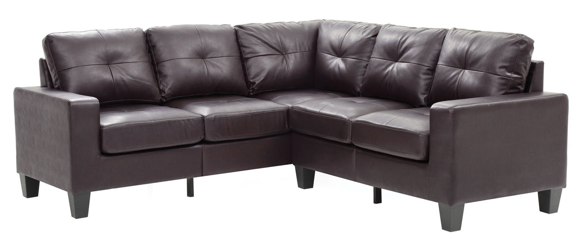 Newbury Sectional Sofa with Pocket Coil Cushions in dark brown leather, L-shaped with black legs on Tampa Home & Garden Store