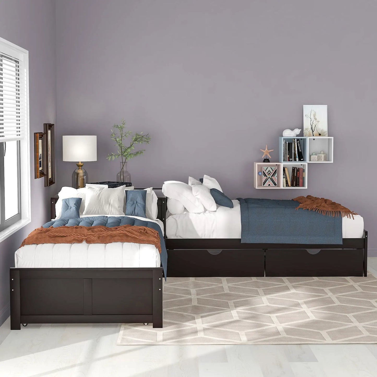 L-shaped platform bed with 2 twin beds, trundle and drawers, built-in desk in dark wood on Tampa Home & Garden Store