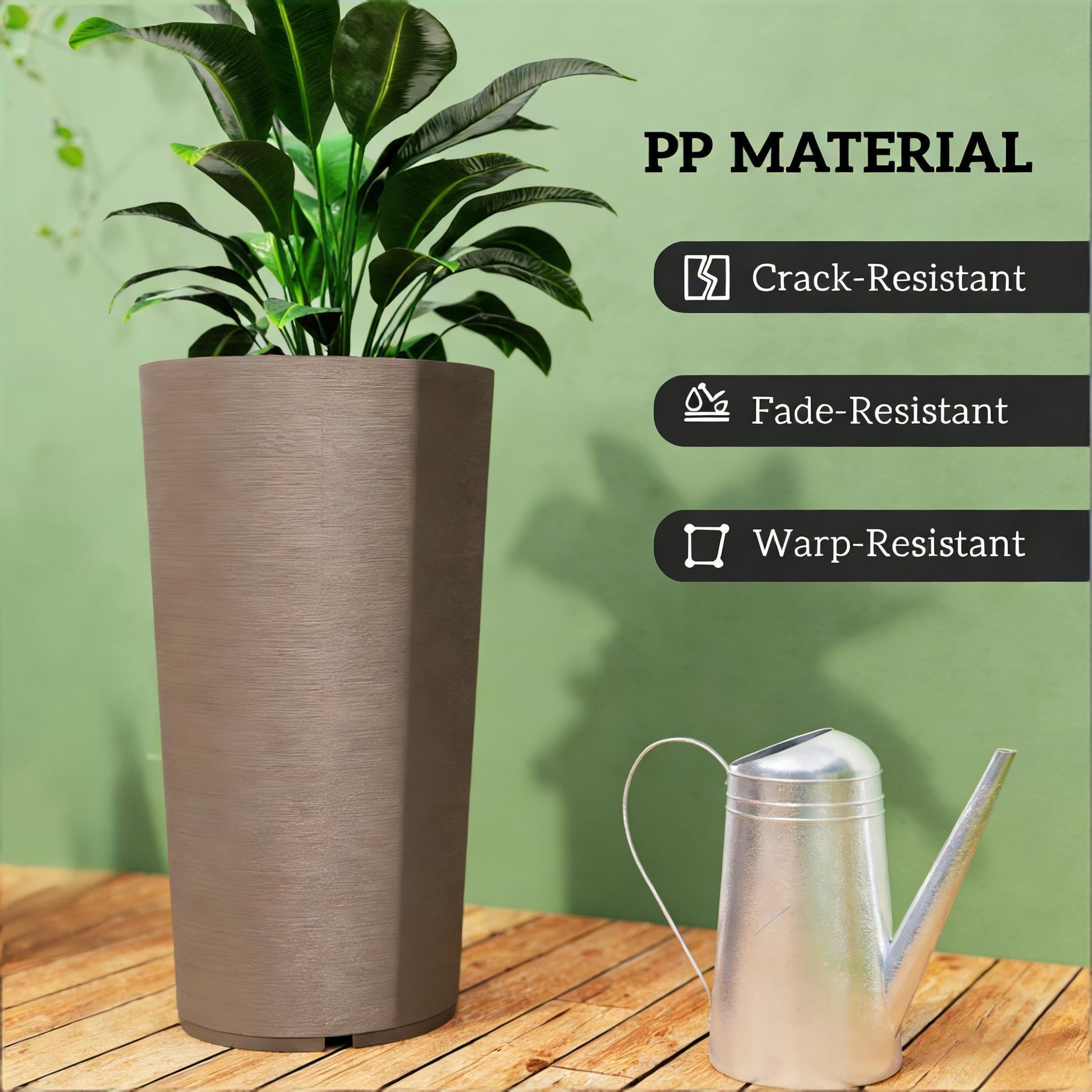 Tall stackable planters set of 2 in taupe with leafy plant on Tampa Home & Garden Store