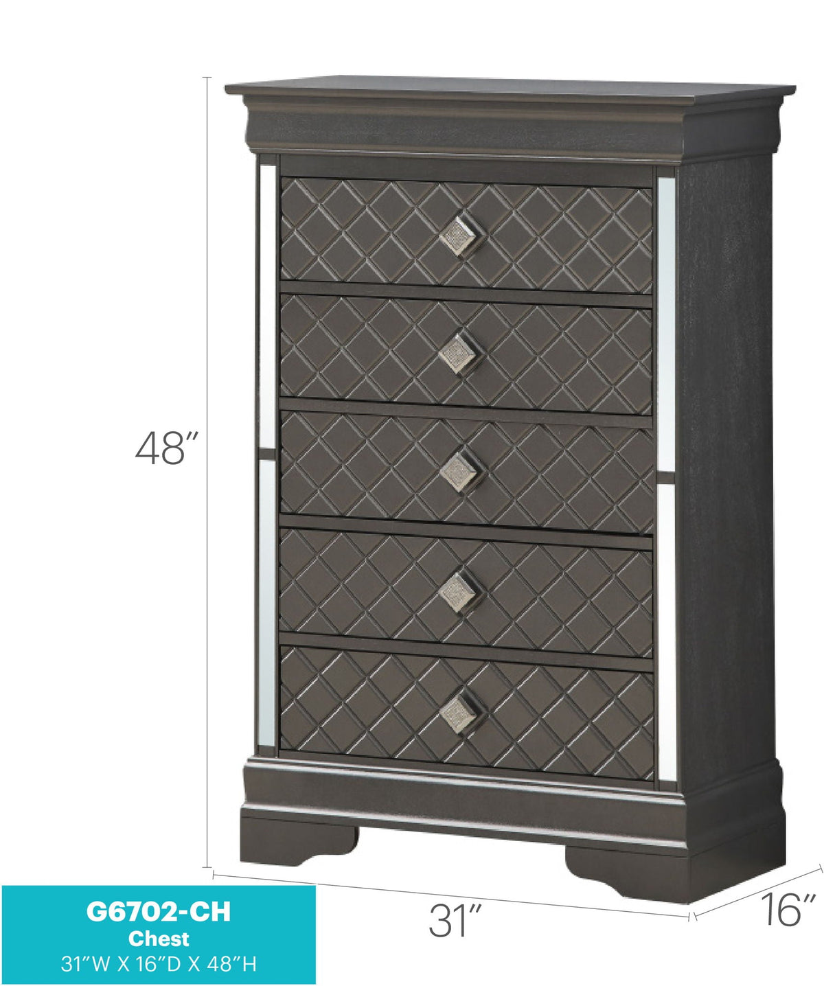 Embossed X Design Accent Chest with crystal pulls, dark gray finish, by HouseOfZazla on Tampa Home & Garden Store