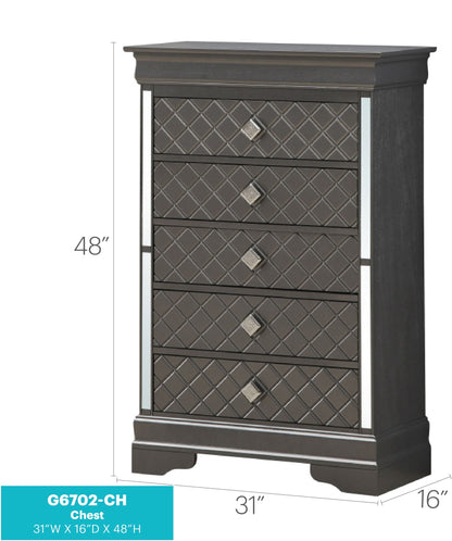 Embossed X Design Accent Chest with crystal pulls, dark gray finish, by HouseOfZazla on Tampa Home & Garden Store