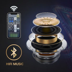 Bluetooth speaker cutaway with smartphone on dark background showcasing HiFi Music on Tampa Home & Garden Store
