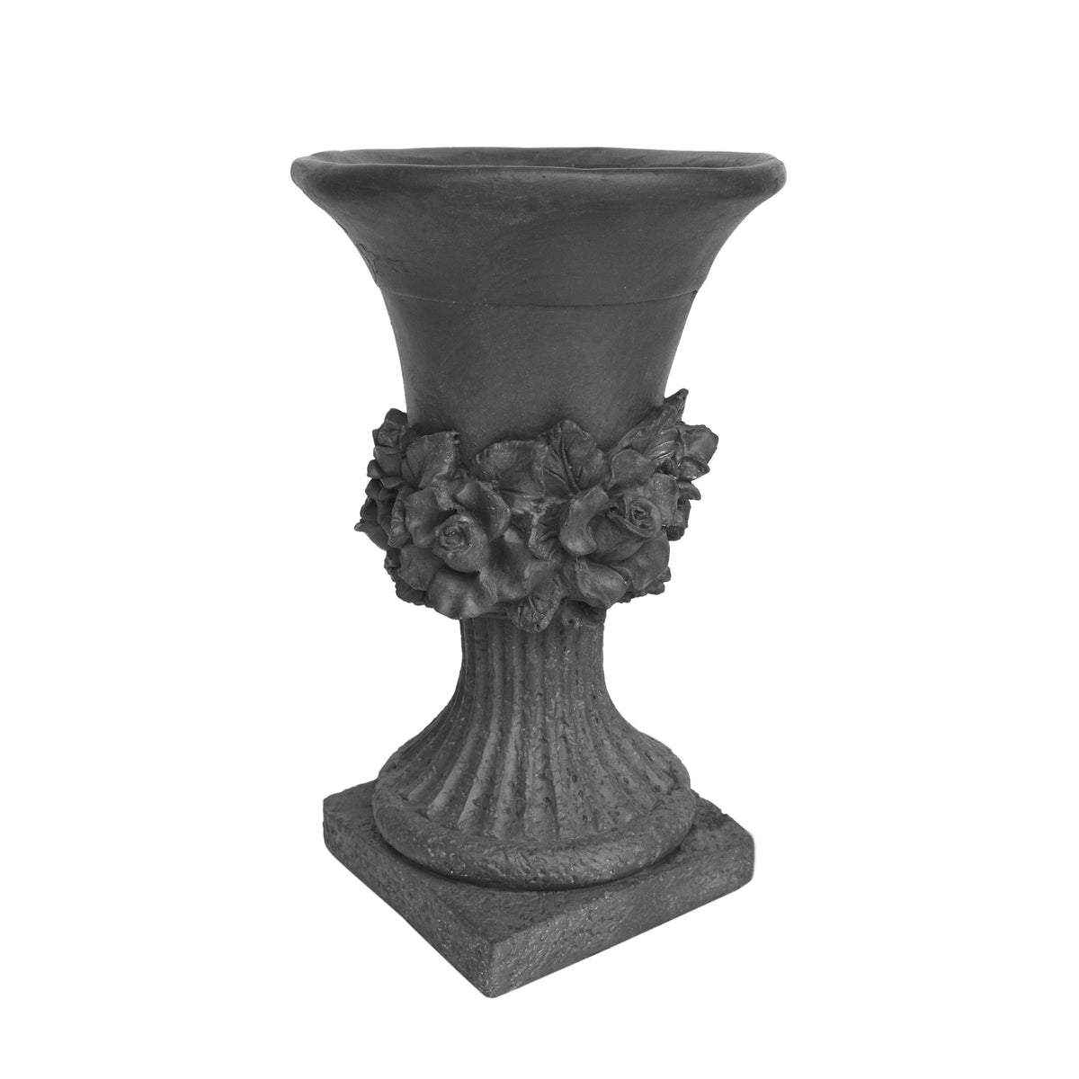 MGO Garden Urn Planter in dark stone with floral rosettes around the neck and a fluted pedestal base on Tampa Home & Garden Store