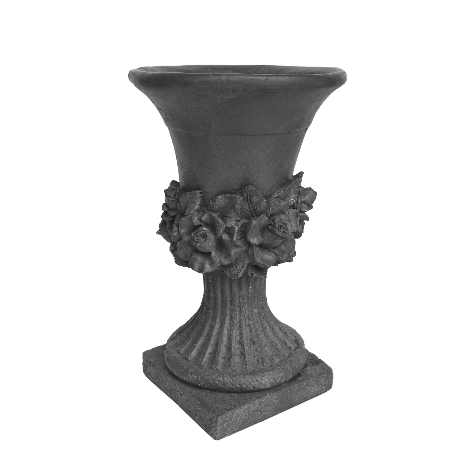 MGO Garden Urn Planter in dark stone with floral rosettes around the neck and a fluted pedestal base on Tampa Home & Garden Store