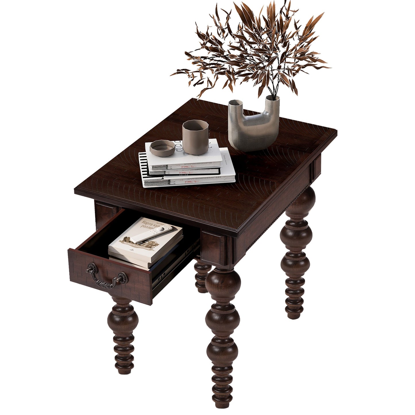 End table solid wood espresso finish with drawer; brown vase and magazines by HouseOfZazla on Tampa Home & Garden Store