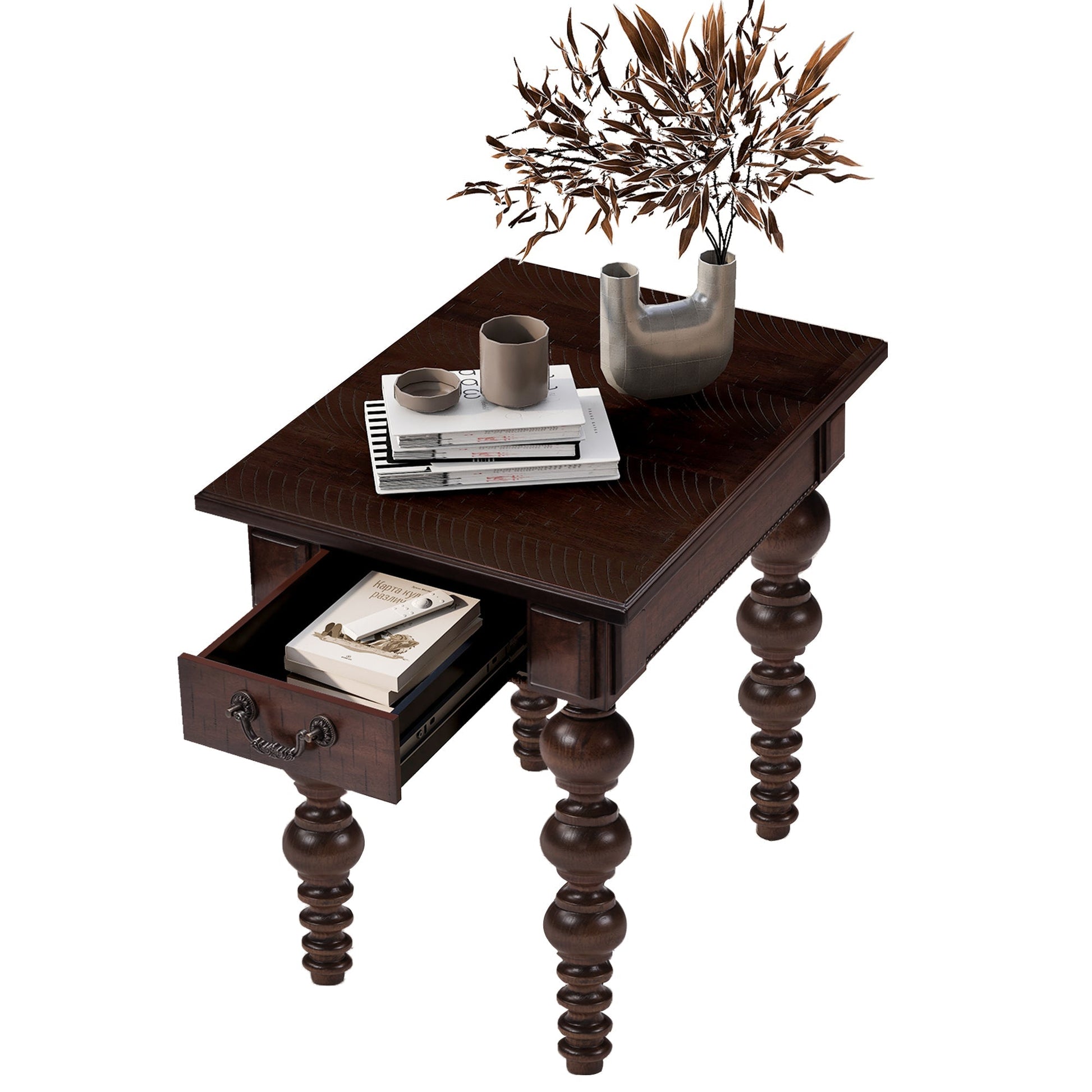 End table solid wood espresso finish with drawer; brown vase and magazines by HouseOfZazla on Tampa Home & Garden Store