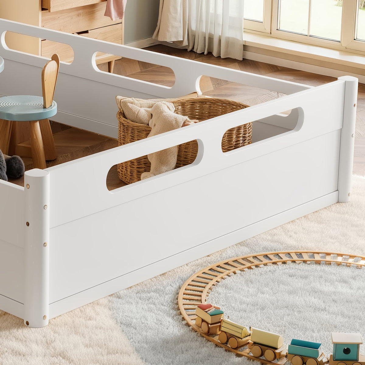 Queen size floor platform bed with full-length white guardrails by HouseOfZazla on Tampa Home & Garden Store