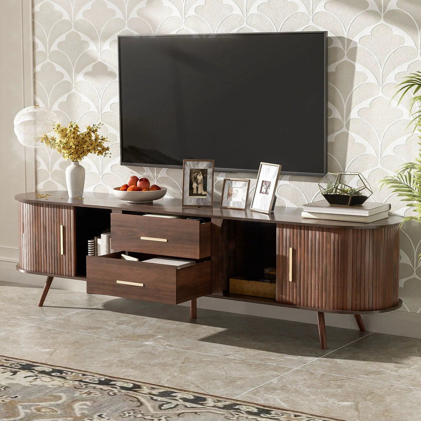 Wood TV Stand With Storage and Sliding Doors
