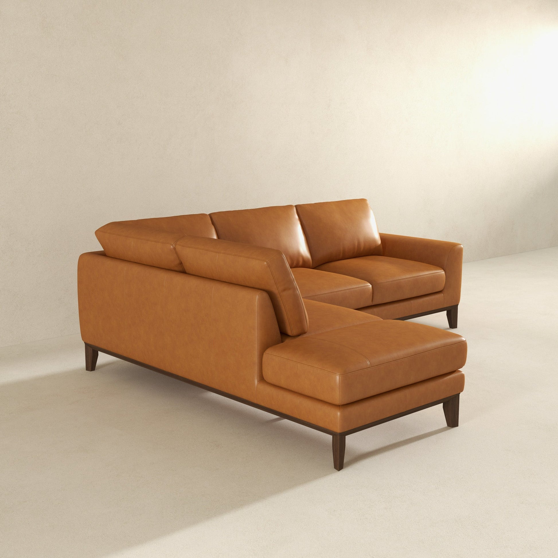 London Leather Sectional Sofa Left Facing in tan leather by HouseOfZazla with wood legs on Tampa Home & Garden Store