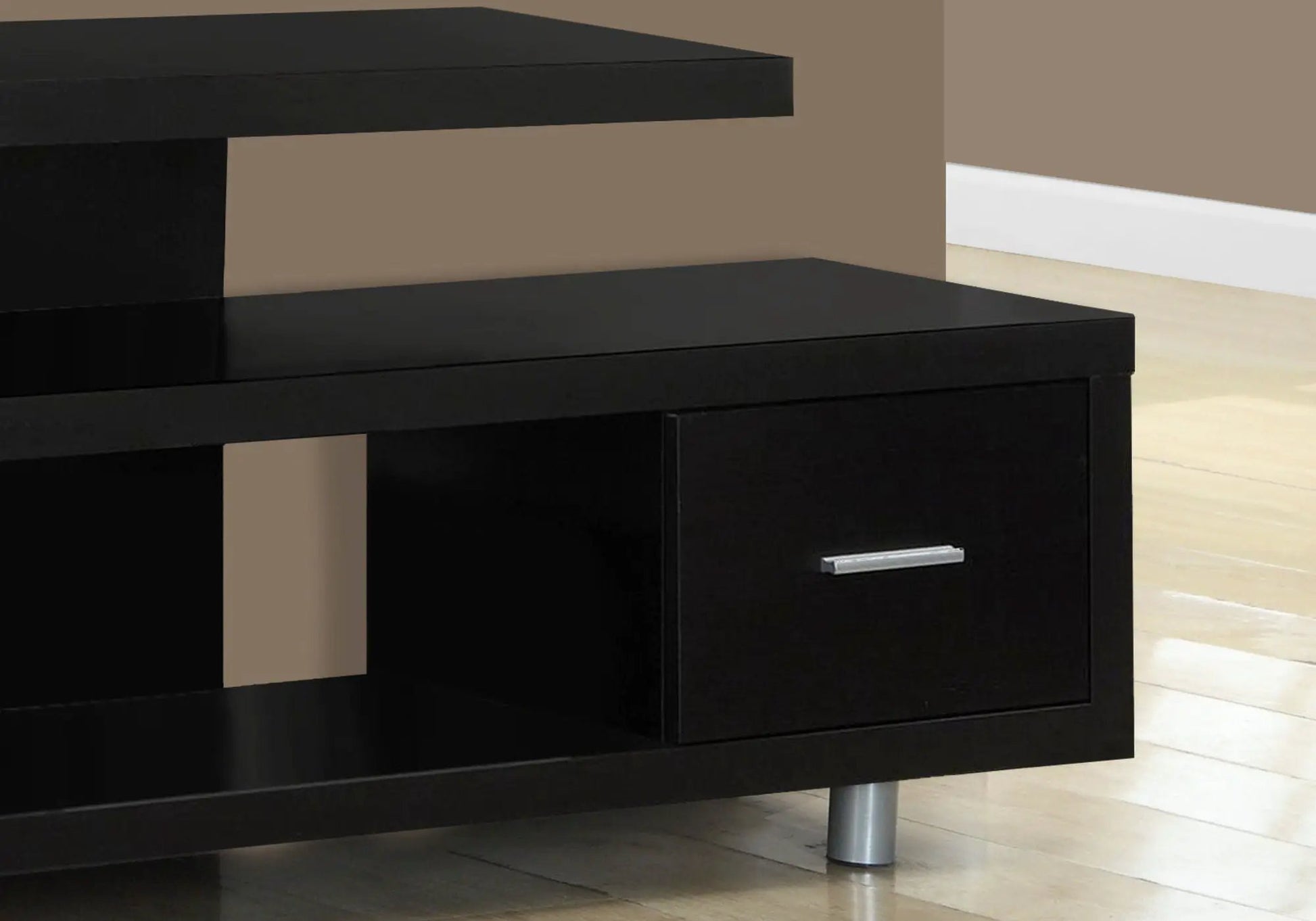 TV stand black wood console with silver drawer handle, contemporary modern storage cabinet on Tampa Home & Garden Store