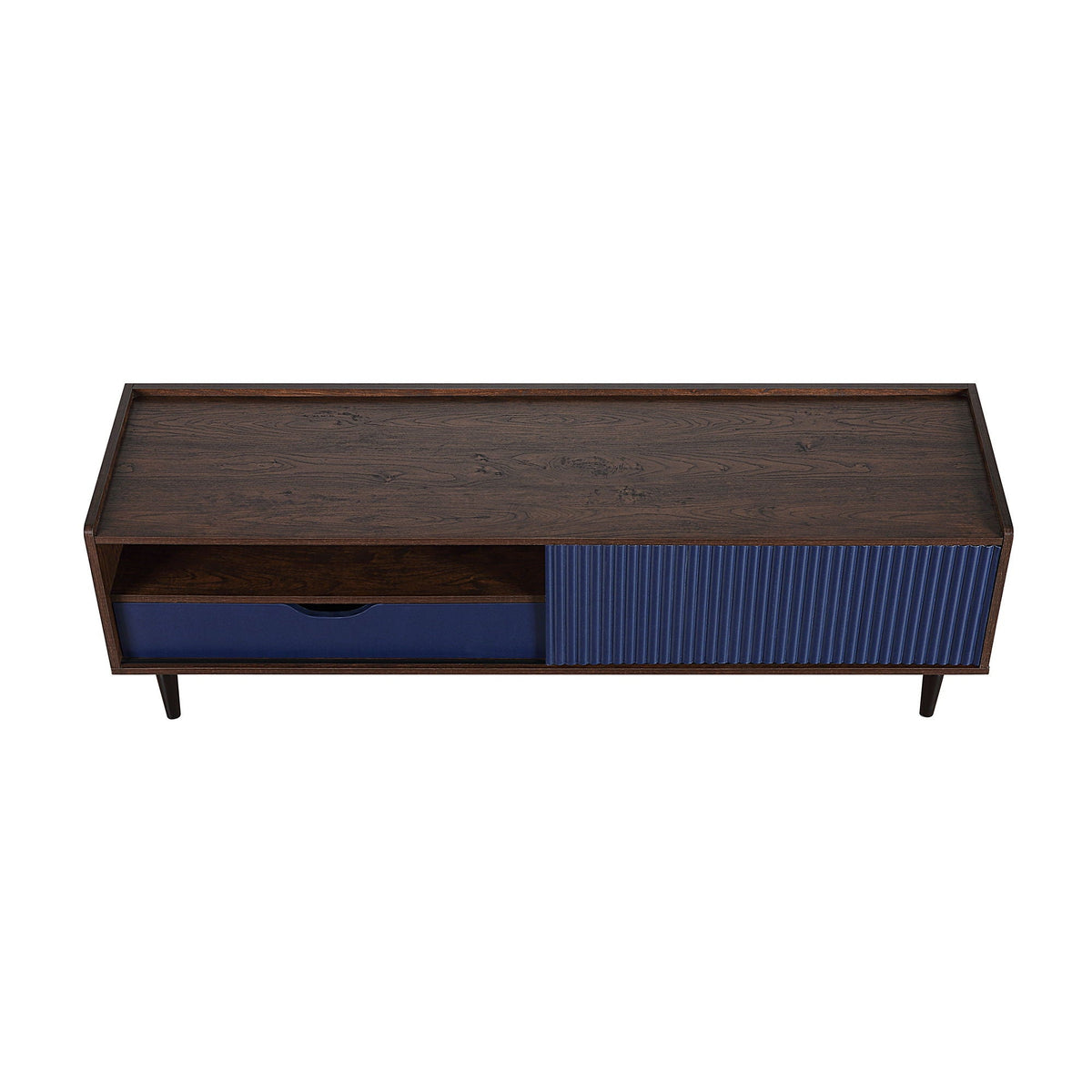 Fluted TV stand with sliding blue door, dark wood frame for media storage on Tampa Home & Garden Store