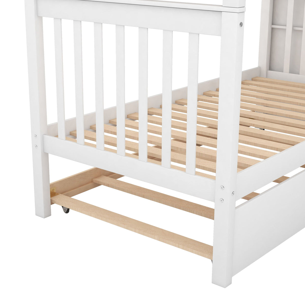 White bunk bed with staircase, features natural wood steps and slatted base on Tampa Home & Garden Store
