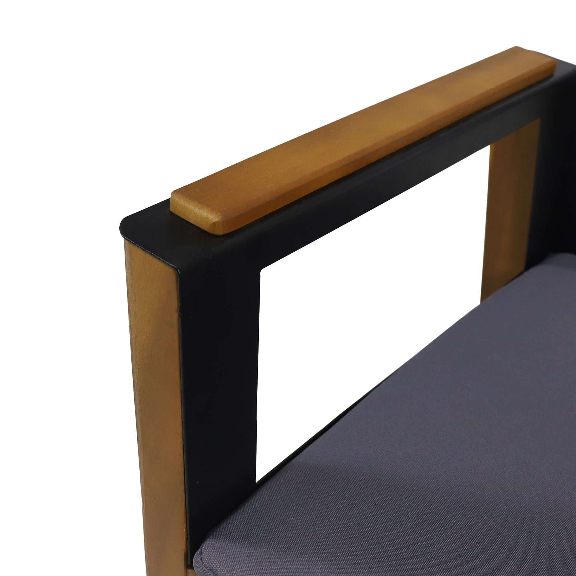 Soho Transitional Outdoor Club Chair set of 2 teak armrests with black frame and gray cushions on Tampa Home & Garden Store
