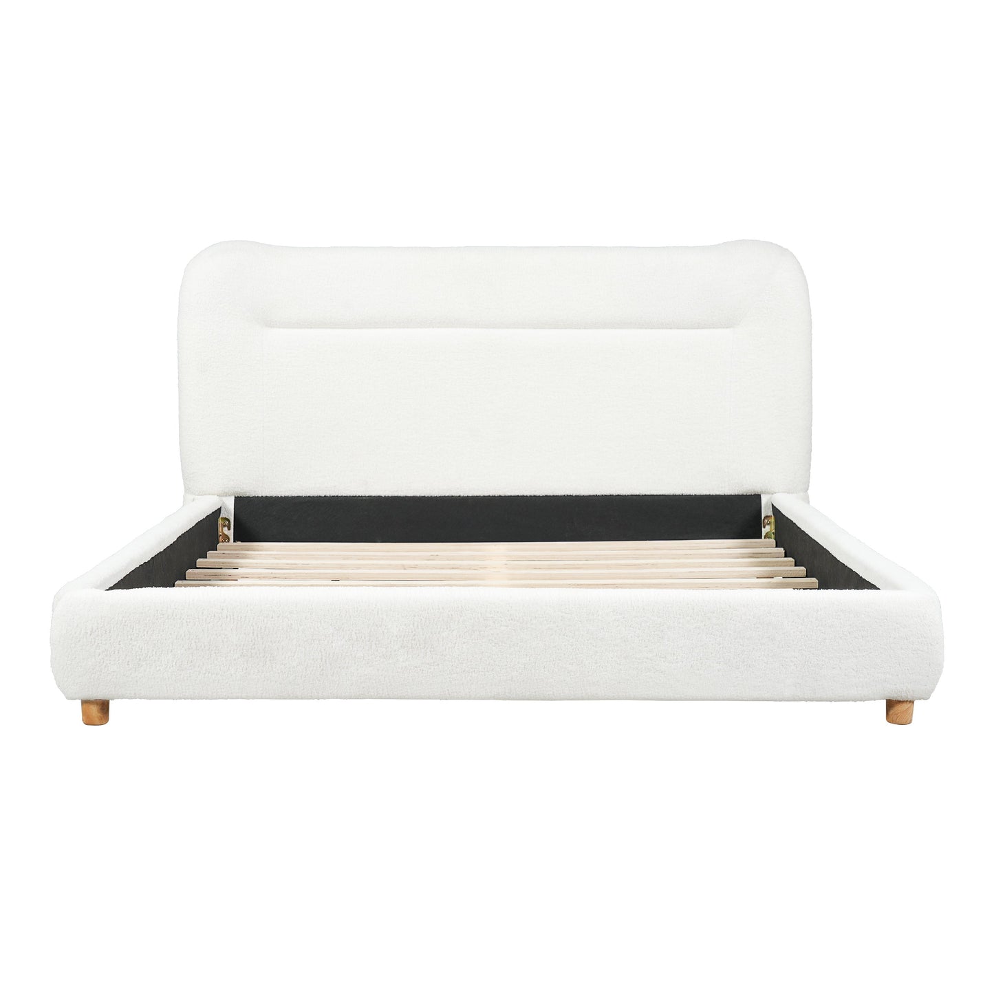 Teddy Bear Plush curved headboard queen bed HouseOfZazla white with wood slat foundation on Tampa Home & Garden Store