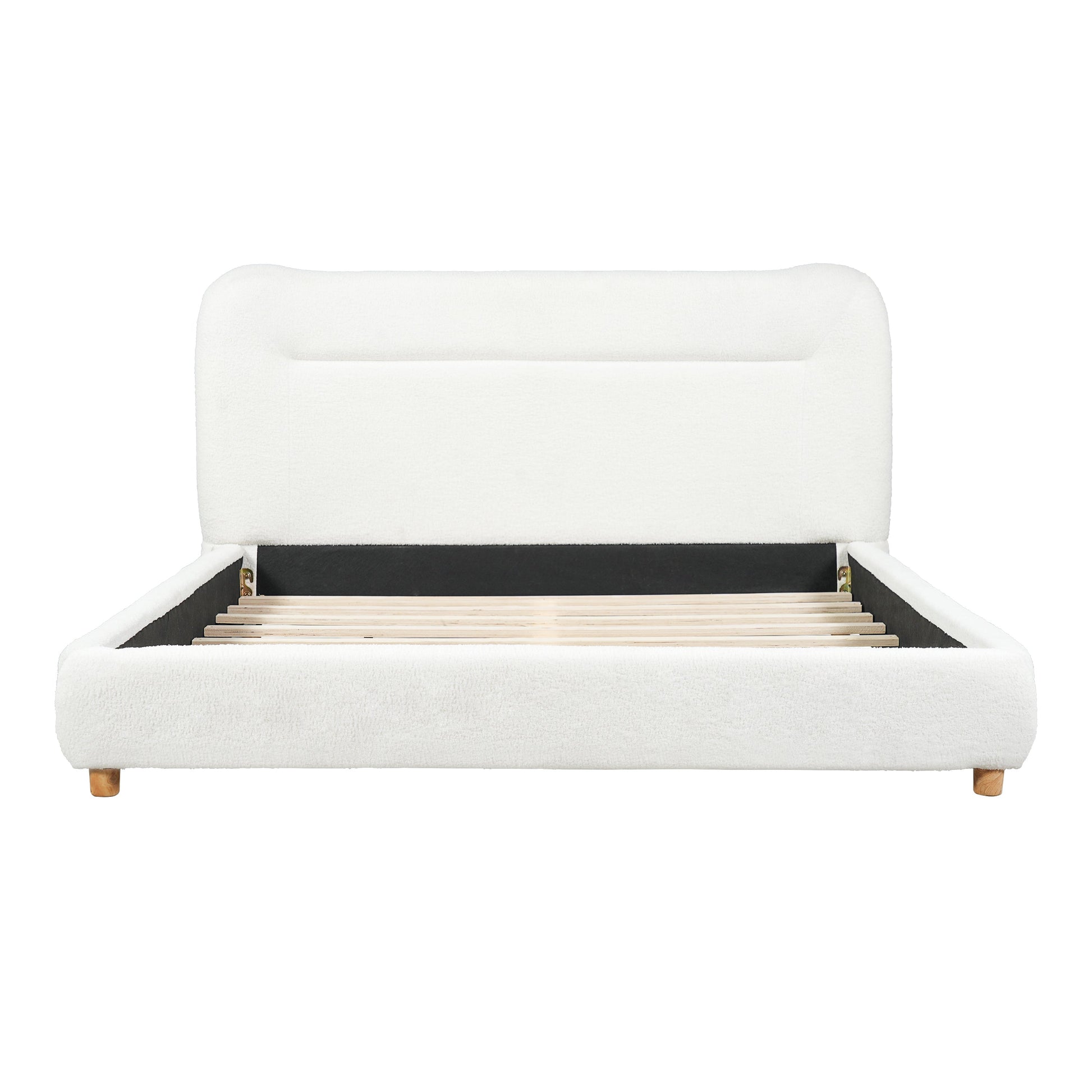 Teddy Bear Plush curved headboard queen bed HouseOfZazla white with wood slat foundation on Tampa Home & Garden Store
