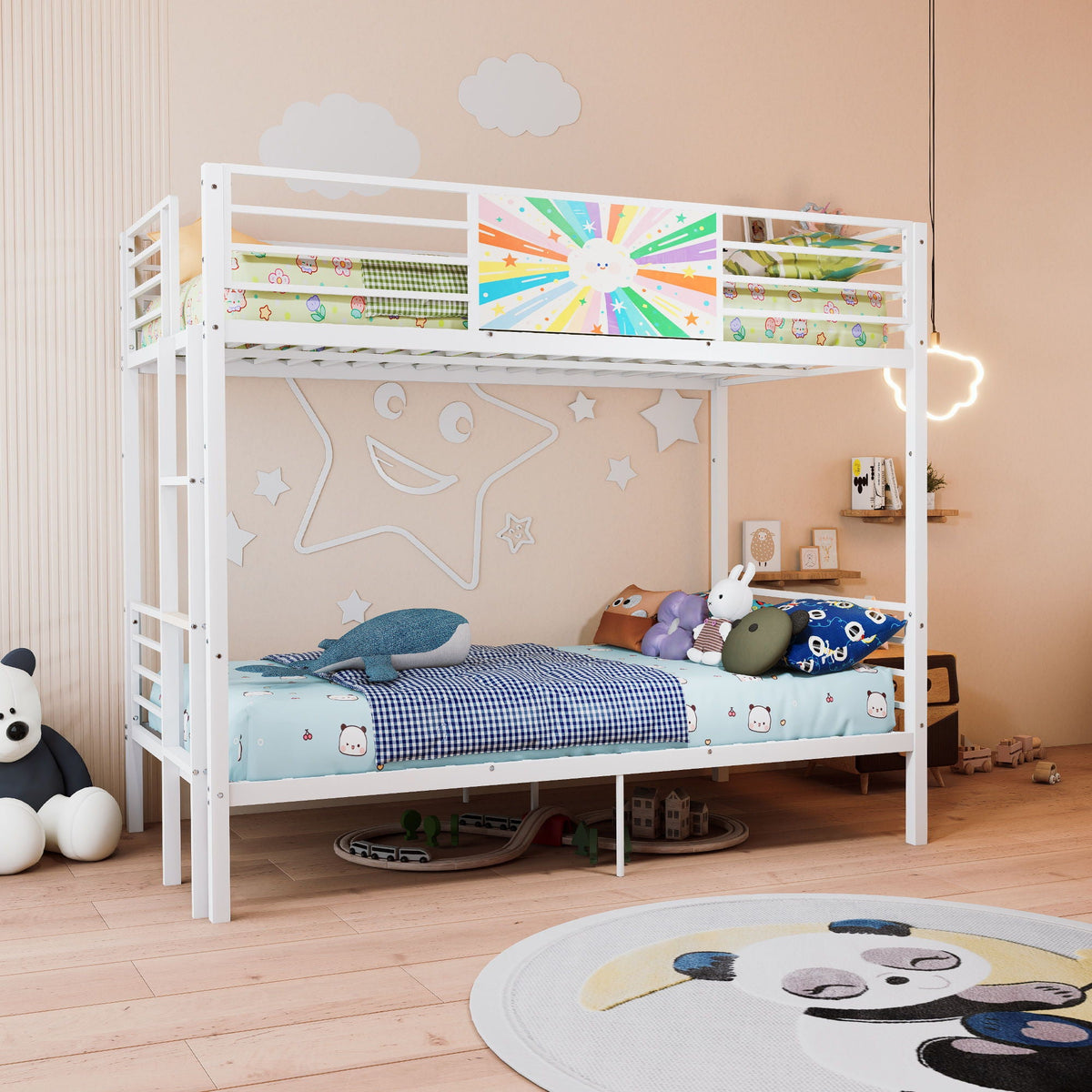 White metal bunk bed converts to 2 twin beds with ladder and guardrails rainbow cloud panel on Tampa Home & Garden Store