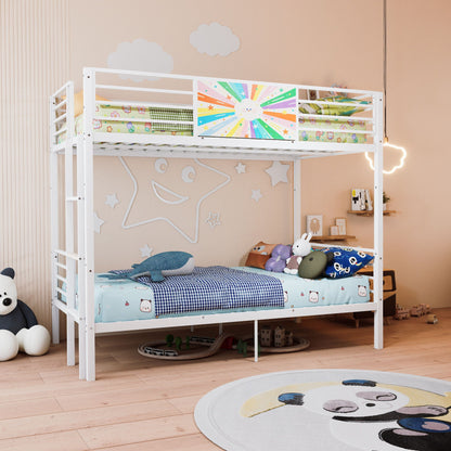 White metal bunk bed converts to 2 twin beds with ladder and guardrails rainbow cloud panel on Tampa Home & Garden Store