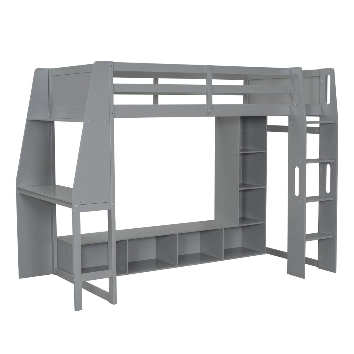 Gaming loft bed with desk in gray metal, built-in storage shelves and ladder on Tampa Home & Garden Store