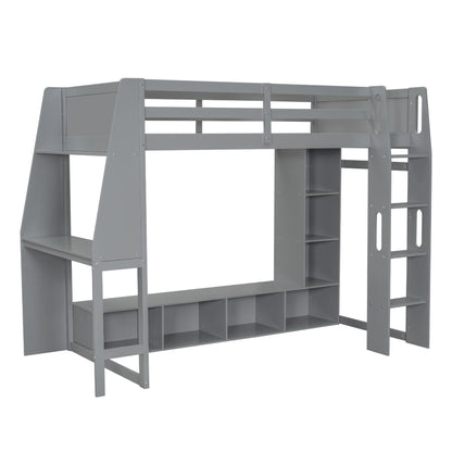 Gaming loft bed with desk in gray metal, built-in storage shelves and ladder on Tampa Home & Garden Store