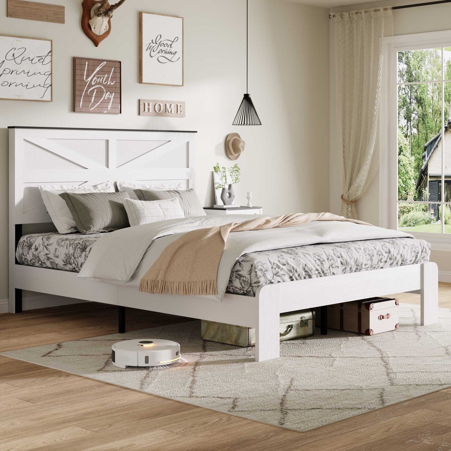 King Wood Platform Bed and Headboard Storage