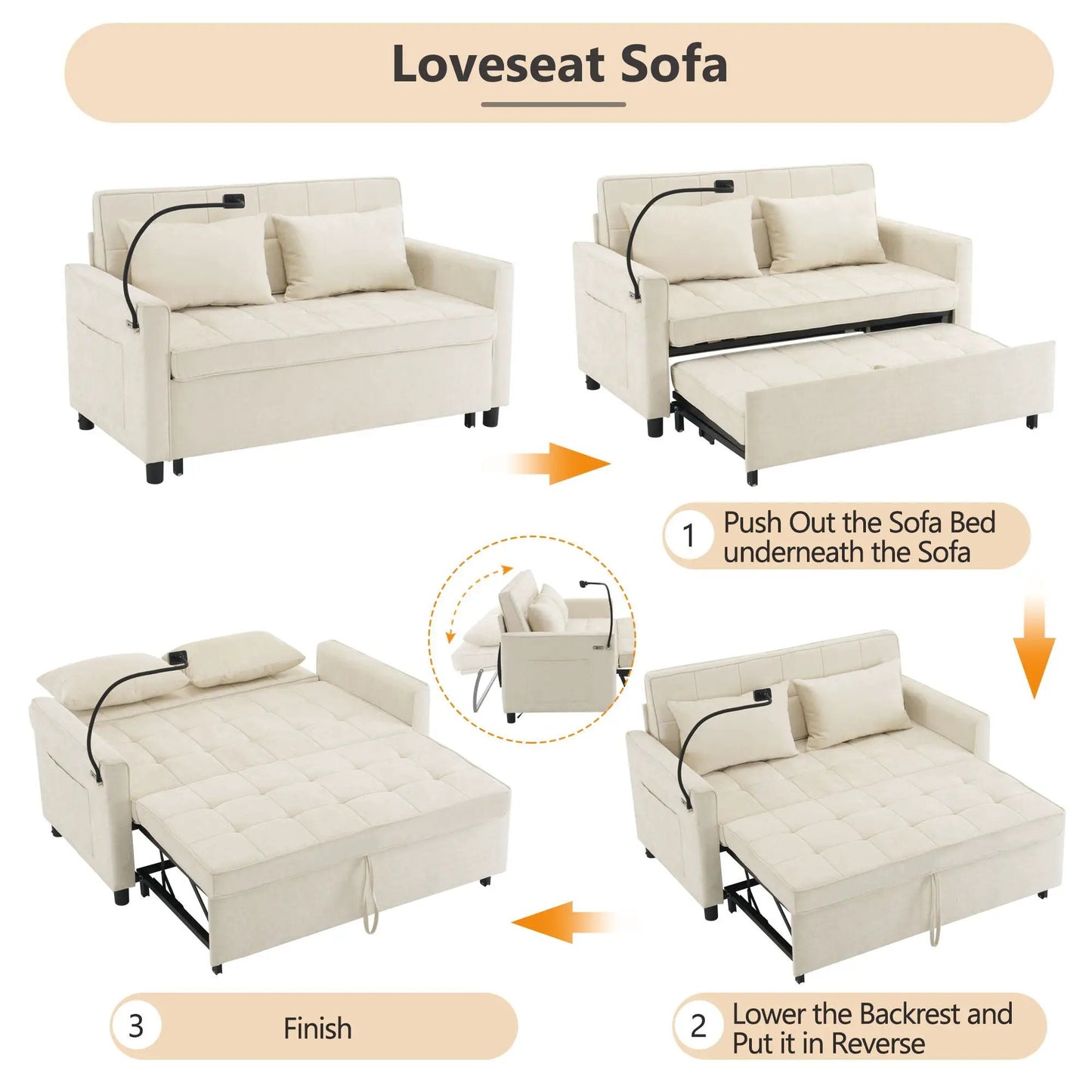 Beige sleeper loveseat pair with reversible backrests, side pockets, USB ports and phone holder on Tampa Home & Garden Store